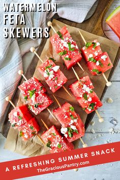 A cutting board loaded with watermelon feta skewers. Watermelon Skewers, Watermelon Appetizer, Watermelon Snack, Individual Appetizers, Watermelon Salsa, Catering Food Displays, Skewer Appetizers, Watermelon And Feta, Watermelon Party