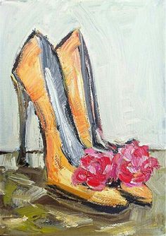 a painting of a pair of high heeled shoes with flowers