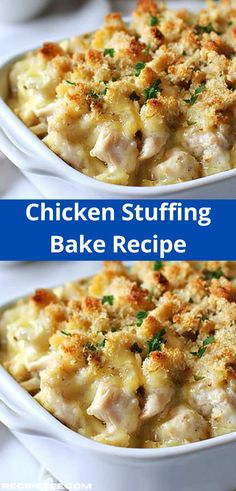 chicken stuffing bake recipe in white casserole dish