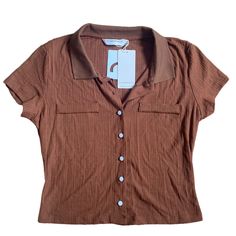 Commense (Online Brand) Stretchy Brown Button Up. Technically A Large But Fits More Like A Medium. Brown Button Closure Tops For Work, Brown Tops With Button Closure For Work, Brown Workwear Tops With Button Closure, Brown Button-up Blouse With Buttons, Brown Shirt With Buttons, Casual Brown Blouse With Buttons, Brown Shirt With Buttons For Spring, Brown Buttoned Shirt For Spring, Beige Collared Tops With Buttons