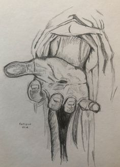 a pencil drawing of a person's foot and hand