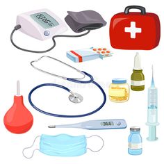 medical supplies including an oxygen tube, stethoscope, and mouthwash