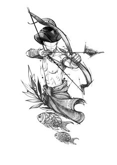 an ink drawing of a man with a bow and arrow in his hand, holding a fish