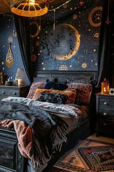 a bed room with a neatly made bed and a night sky mural on the wall