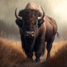 a painting of a bison standing in the middle of a field