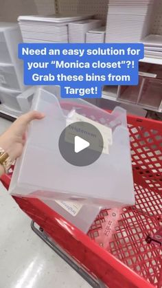 someone is holding up a plastic bag in a grocery cart with the text need an easy solution for your monica closet? grab these bins from target