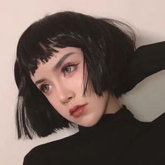 Free Shipping Leon The Professional Cosplay Short Black Bob Lolita Wig Black Straight Short Hair, Short Wig With Bangs, Straight Short Hair, Short Grunge Hair, Edgy Haircuts, Black Bob, Anime Wigs, Braided Bangs, Halloween Wigs