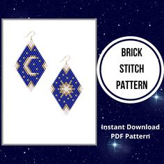 a pair of blue and white beaded earrings with the word brick stitch pattern