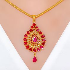 Vibrant Blooming Flower Polki 18k Gold Pendant Set 22k Gold Teardrop Jewelry For Wedding, Yellow Gold Kundan Pendant Necklace For Wedding, Wedding Yellow Gold Kundan Pendant Necklace, 22k Yellow Gold Kundan Necklace With Gemstone, Yellow Gold Kundan Necklace With Gemstones For Wedding, Elegant Gemstone Jewelry For Puja, Elegant Ruby Jewelry For Puja, Elegant Ruby Necklace For Puja, Yellow Gold Kundan Necklace With Ruby For Wedding