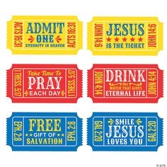 four tickets with the words admit to pray, drink water and free jesus loves you