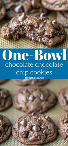 chocolate chip cookies are stacked on top of each other with the title text overlay