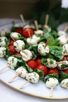 a white plate topped with tomatoes and mozzarella skewers