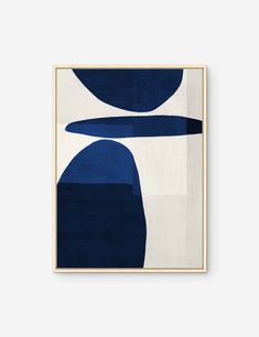 a blue and white abstract art piece on a beige wall with a wooden frame in the middle