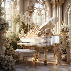 a grand piano in an ornately decorated room with chandeliers and white flowers