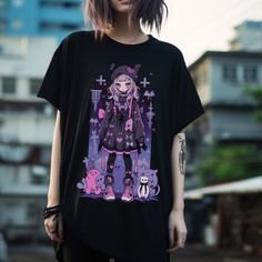 "Introducing our 90's Anime Pastel Gothic Girl T-Shirt, a captivating fusion of nostalgic vibes and alluring aesthetics. This oversized tee, available in plus sizes, effortlessly blends comfort and style, making it a perfect choice for those embracing Japanese streetwear or seeking a unique addition to their wardrobe. Whether you're treating yourself or searching for a thoughtful gift, this t-shirt embodies the essence of pastel gothic charm and is sure to delight.🌸 💖Order 1 to 2 sizes up if you want a more oversized look. 💖Please note that the pictures provided are for design showcase purposes only, as each individual's unique charm brings a distinct look to the product. 💖Kindly be aware that this product is non-returnable, so we encourage you to double-check the size before placing y Pastel Goth Anime, Anime Pastel, Goth Anime, Streetwear Japanese, Gothic Elements, Nostalgic Vibes, Gothic Girl, Pastel Goth Fashion, Streetwear Grunge