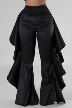 Olivia Mark - Timeless Wide-Leg Pants with Ruffled Accents and Stringy Texture High Waisted Wide Leg Pants, Elastic Waistband Pants, Black Wide Leg Pants, Black Bottoms, Olivia Mark, Black Casual, Ruffle Trim, Dance Wear, Leg Pants