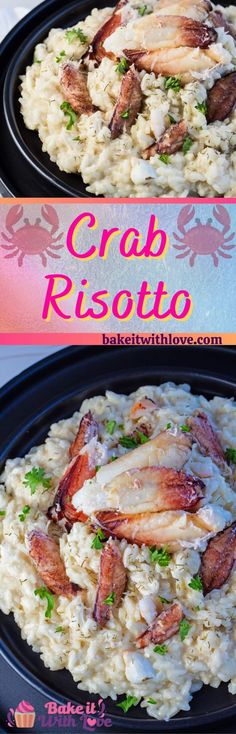 two black plates filled with rice and meat covered in gravy next to a pink sign that says crab risotto