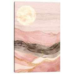 an abstract painting with mountains and a full moon