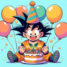 a cartoon character holding a birthday cake with candles and balloons in the air behind him