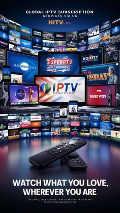 an advertisement for the iptv channel shows several televisions and remote controls in front of them