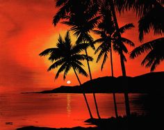 an orange sunset with palm trees on the shore