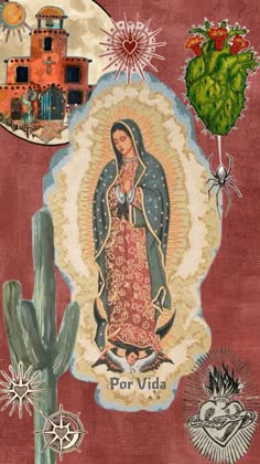 an image of the virgin mary on a red background with cactuses and other items