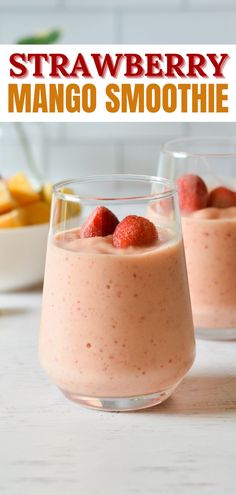 a strawberry mango smoothie with strawberries on top Mango Smoothie Recipe Healthy, Mango Smoothie Recipe Easy, Strawberry Mango Smoothie Recipe, Baby Smoothies, Strawberry Mango Smoothie, Mango Banana Smoothie, Mango Smoothie Recipes, Smoothie Recipes Strawberry