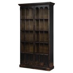 an old wooden bookcase with glass doors on the front and bottom, against a white background