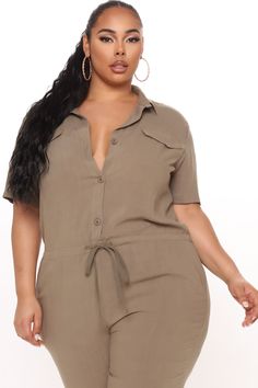 Available In Khaki And Olive. Jumpsuit Button Front Drawstring Waist Jogger Bottom Pockets Short Sleeve 70% Viscose 30% Linen Imported | Surviving Summer Jumpsuit in Olive Green size X-Small by Fashion Nova Surviving Summer, Olive Jumpsuit, Olive Fashion, Summer Jumpsuit, Jumpsuit Summer, Review Fashion, Loungewear Women, Plus Size Models, Curve Dresses