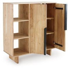 an open wooden cabinet with shelves on both sides