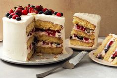 three slices of cake with berries on top