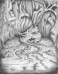 a black and white drawing of a monster in the middle of a cave with its mouth open