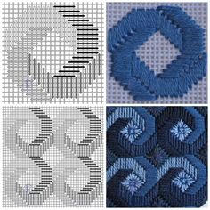 four different pictures with some blue and white designs on them, one in the shape of a flower