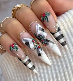 Nails With Mistletoe, Christmas Fake Nails, Nail Noel, Long Stiletto Nails, Long Stiletto, Plaid Nails, Press Ons, Festival Nails, Plaid Bow