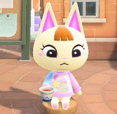 the animal crossing character is holding a cup