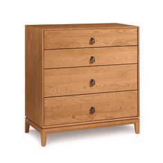 a wooden dresser with three drawers and two handles