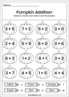 pumpkin addition worksheet for kids to practice numbers and subtractment skills