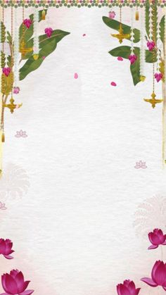 a white paper with pink flowers and green leaves on the edges, hanging from strings