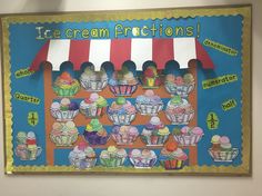 a bulletin board with cupcakes and ice cream fractions on the front wall