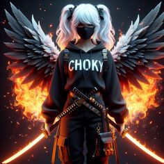 a woman with white hair and wings on her head is wearing a black hoodie that says choky