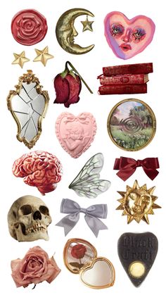 many different types of decorative items are arranged in the shape of hearts, flowers and other things