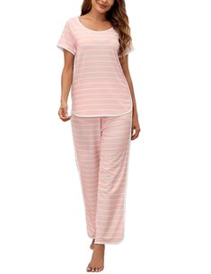 PRICES MAY VARY. Classic Design and Elegant Style: Eageran Women's Stripe Pajama Set features a classic crew neck design that subtly reveals the collarbone, enhancing the feminine elegance. The stripe print adds a touch of brightness to the sleepwear, making it stylish whether at home or out and about. Comfortable Long Pants: Pajama pants are equipped with a soft elastic waistband that fits various body types, offering maximum comfort and relaxation. This long pants design is ideal for summer us Cotton Crew Neck Nightgown For Bedtime, Cotton Crew Neck Nightgown For Loungewear, Cotton Nightgown With Crew Neck For Loungewear, Casual Crew Neck Nightgown For Loungewear, Comfortable Crew Neck Sleepwear For Bedtime, Comfortable Crew Neck Sleepwear, Relaxed Fit Crew Neck Sleepwear For Overnight, Summer Crew Neck Nightgown For Loungewear, White Crew Neck Sleepwear For Pajama Party