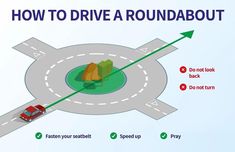 a red car driving down a road next to a green sign that says how to drive a roundabout