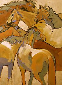 three horses are standing together in an abstract painting