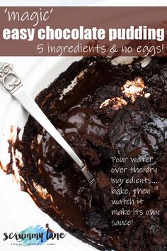 a chocolate pudding on a white plate with a fork in it and the words, magic easy chocolate pudding 5 ingredients & no eggs