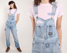 "FEATURES - 1980s / 1990s overalls - Oshkosh B'Gosh label - Union made in the USA - Sanforized blue denim wash - Beat up and worn style - DIY patchwork and stitching - Bib pocket silhouette - Vestbak patch on the back Note: pink shirt not included. CONDITION Great as-is vintage condition: overalls are still very wearable but denim is beat up and very worn with tearing and holes throughout the fabric. MEASUREMENTS & FIT suggested letter size: XS/S depending on preferred fit (tag is marked a vinta 90s Style Denim Jumpsuit With Pockets, 90s Style Denim Overalls With Pockets, 90‘s Overalls, Vintage Fitted Medium Wash Overalls, 90s Denim Overalls With Pockets, Retro Dark Wash Bib Front Overalls, Vintage Denim Blue Bib Front Overalls, Sheer Slip Dress, Hippie Maxi Dress