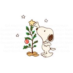 a cartoon dog reaching up to a small christmas tree with stars on it's branches