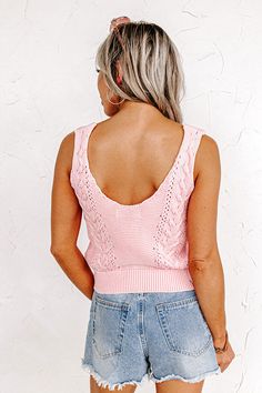 The perfect piece to stay cool in this summer just dropped! Our cute pink 'Cliffhanger Knit Tank' featuring lightweight intricately knit material, a v-cut neckline and upper back with wide shoulder straps, and a relaxed silhouette that ends in a wide straight hemline! Measurements S : Bust 34", Hip 30", Length 19", Waist 33". M : Bust 36", Hip 32", Length 19", Waist 35". L : Bust 38", Hip 34", Length 19.5", Waist 37". Spring Open Knit V-neck Tank Top, Pink V-neck Crochet Top For Spring, V-neck Open Knit Tank Top, Spring V-neck Open Knit Tank Top, Pink Knit Top For Summer Day Out, Chic Pink Pointelle Knit Top, Pink V-neck Crop Top For Beach, Trendy Pink Pointelle Knit Top, Chic Pointelle Knit V-neck Tank Top