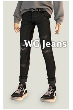 an image of a man in black jeans and sneakers with the words wg jeans on it