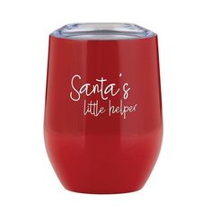 a red wine glass with santa's little helper written on the front and bottom